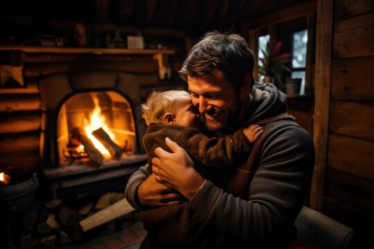 A Man Holding A Baby In Front Of A Fire Place. , Safety Around Fireplaces, Raising Babies, Fatherhood, Fireplace Care, Cozy And Warm Settings, Family Gatherings, Cherished Memories, Bonding Moments