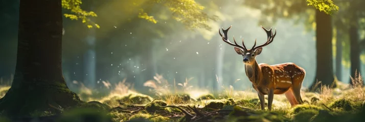 Selbstklebende Fototapeten A Deer Standing In The Middle Of A Forest. Deer Habitat, Majestic Beauty, Fawn Protection, Forest Ecosystem, Fungi Foraging, Predator Avoidance, Deer Migration, Cervidae Family © Ян Заболотний