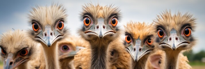 A Group Of Ostriches Standing Next To Each Other. Ostriches, Standing Together, Group Behaviors, Animal Movement, Prey Aggregations, Flightless Birds, Bird Family Life, Adaptive Behaviors - obrazy, fototapety, plakaty