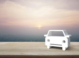 Fototapeta na wymiar Car 3d icon on wooden table over modern city tower and skyscraper at sunset sky, vintage style, Business transportation service concept