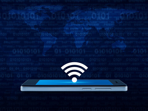 Wi-fi icon on modern smart mobile phone screen over world map and computer binary code blue background, Technology internet online concept, Elements of this image furnished by NASA