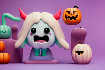 Halloween Monster colorful 3d set. Cute pumpkin, ghost. Generative AI