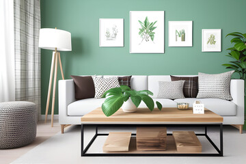 Stylish living room interior design with modern mint sofa, wooden console, cubes, coffee table, lamps, plants, mock up poster frames, pillows, plaid, elegant decorations and accessories in home decor.