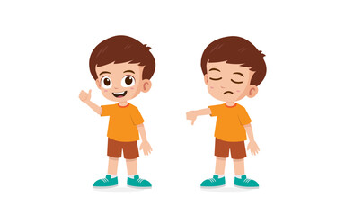 Cute little boy show hand gesture thumb up and thumb down vector illustration