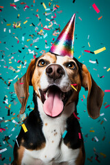 fröhlicher Beagle Hund mit buntem Partyhut und buntem Konfetti in Partystimmung. Portrait. Hochkant. Hochformat. Generative Ai.
