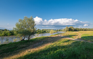 Picturesque view of the river Mures in Transylvania, Romania on a summer evening