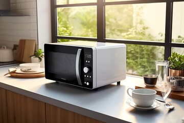 A sleek white and black microwave in a contemporary kitchen, Generative Ai - obrazy, fototapety, plakaty