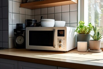 A sleek white and black microwave in a contemporary kitchen, Generative Ai