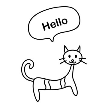 cat with hello bubble Outline line Cute and funny cats doodle. Cartoon cat or kitten characters design collection Minimal cat drawing. Set of purebred pet animals isolated on transparent background.