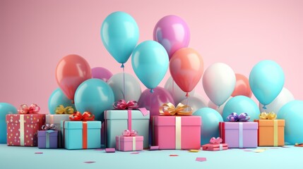 3D rendering of a gift box and balloons on a pastel background 3D rendering, rendering of a birthday background with a gift box, balloons, and colored confetti