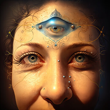 3D rendering of a female face with blue eyes. Conceptual image 3rd eye