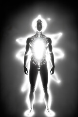 Fototapeta na wymiar Digital illustration of human body with glowing light effect in black and white