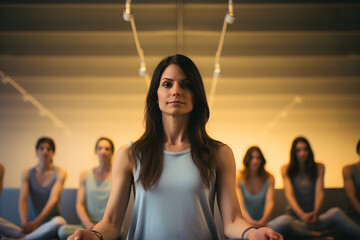 Woman sitting in a fitness studio with her yoga class