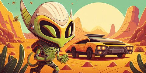 Cartoon alien driving a car in the desert. illustration.