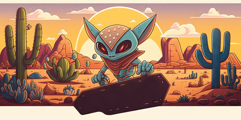 Cartoon alien in the desert with cactus. illustration.