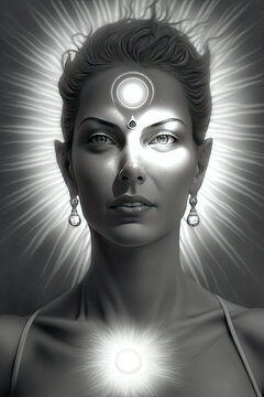 Portrait of a beautiful woman with metal face art. 3d rendering 3rd eye
