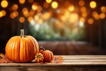  Halloween, orange pumpkins on a wooden table on a bokeh glowing background, copy space © Sergio