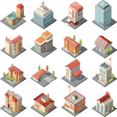 Building isometric icon set.Generative AI.