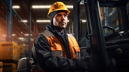 Professional experienced forklift operator  managing industrial tasks and managing cargo with a warehouse environment. - obrazy, fototapety, plakaty
