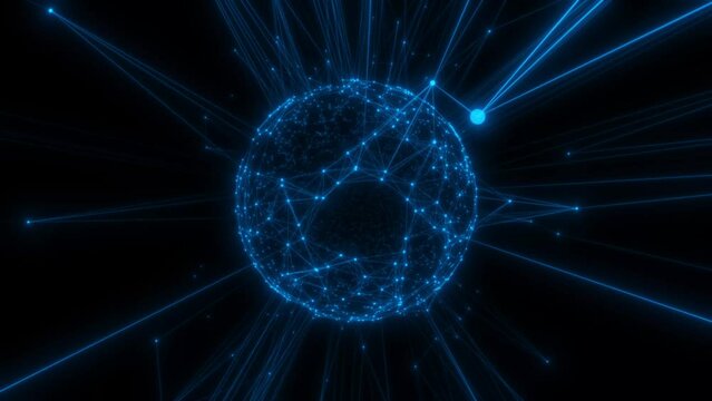 A model of the information world. A blue neon geometric sphere rotates rapidly clockwise and emits rays on a black background. Seamless loop.