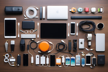 tech gadgets knolling flat lay arrangement