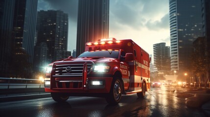 Fototapeta na wymiar Urgent Response: Medical Emergency Ambulance Car with Red Lights Speeding Through City Streets in Daytime.