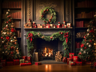 Stylish interior of living room with fireplace decorated Christmas tree. Christmas decoration. - Powered by Adobe