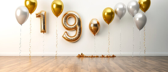 Number 19, nineteen years,  with golden balloons in empty luxury white apartment. Balloons style font. Anniversary. Birthday surprise celebration concept with copy space. Photo zone. Generative ai