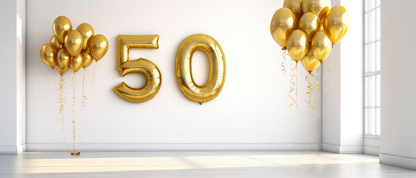  Number 50, fifty years, with golden balloons in empty luxury white apartment. Balloons style font. Anniversary. Birthday surprise celebration concept with copy space. Photo zone. Generative ai