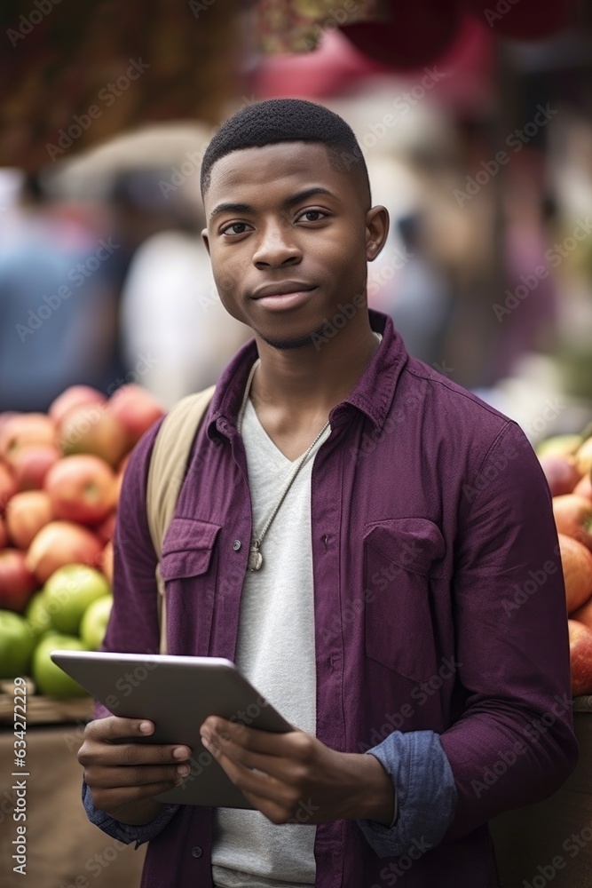 Wall mural portrait of a young man using a digital tablet at an outdoor market