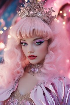 A young pink blonde girl transforms her look with a pink-haired makeover, complete with a crown headpiece, bold lipstick, and an air of royalty