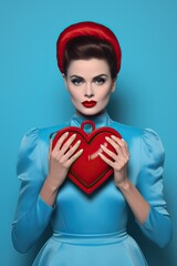 A fashionable woman stands confidently indoors, her red lipstick and blue clothing drawing attention to the heart-shaped object she proudly holds in her hands