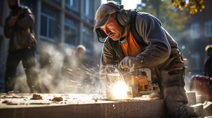 Fototapeta premium Workers use power tools every break. Concrete at the construction site
