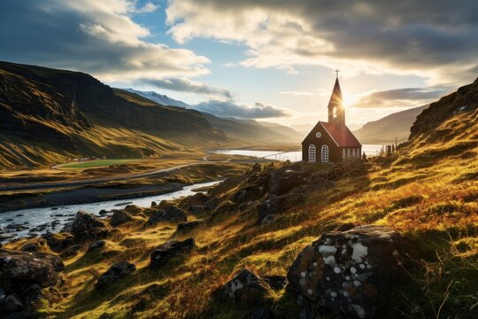 Great view of Vikurkirkja Christian church in the evening light.picturesque scene. Popular tourist attraction. Location famous place Vik I Myrdal village, Iceland, Europe. Beauty world