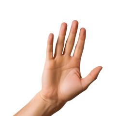 Hand isolated on white or transparent background, waving, saying hello, take five