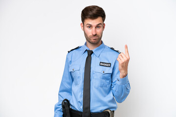 Young police caucasian man isolated on white background pointing with the index finger a great idea