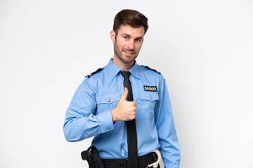 Young police caucasian man isolated on white background giving a thumbs up gesture
