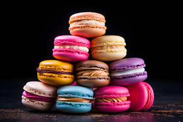 colourful stack of macaroons on black background
