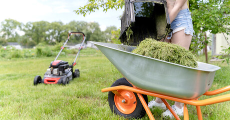 a girl with a lawn mower mows a smooth lawn