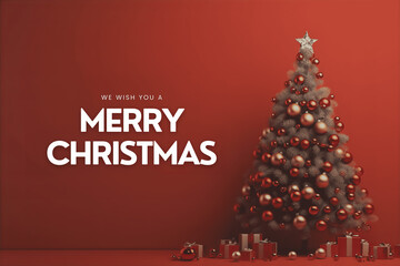 Naklejka premium Red Background with Christmas Decorations and the Words 