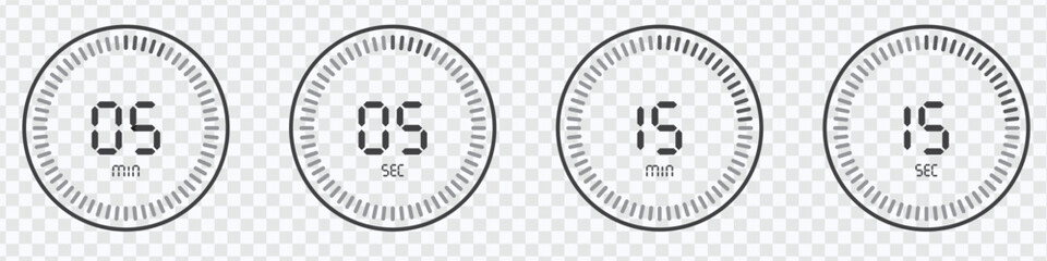 Timer countdown with minutes and seconds Icons. Stopwatch digital countdown timer,  eps 10