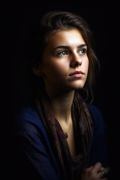 a beautiful young woman looking contemplative in studio