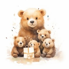 Watercolor illustration with brown mother bear baby cub. Can be used for Greeting card for Mother's Day Card. Bear Family front face.