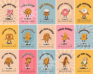 Vector cartoon retro mascot of bread, pastry, burger, sandwich. Vintage style 70s, 60s, 50s character. Groovy poster for bakery and restaurants