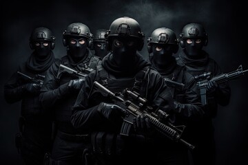 Group of special forces soldiers in black uniforms and masks with guns on dark background, Armed special forces group with shotguns on a Black background, face covered with masks, AI Generated
