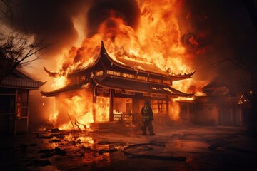 Fire in a Chinese temple during a fire in Beijing, China. Asian house on fire and firefighters are trying to stop the fire, AI Generated