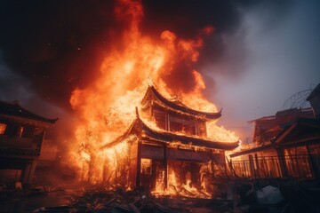 Fototapeta premium Burning house at night in Yunnan, China. Fire in the old house. Asian house on fire and firefighters are trying to stop the fire, AI Generated