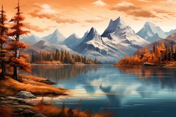 Fototapeta na wymiar Mountain landscape with lake and forest at sunset. Digital painting. Autumn landscape with the lake and mountains in the background. Digital painting, AI Generated