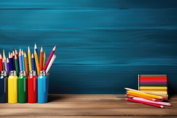 Colorful pencils and stationery on wooden table. Back to school concept, Back to School background concept. School supplies on a wooden background, AI Generated - Powered by Adobe