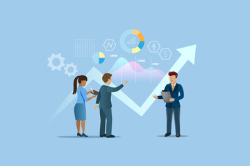 Fototapeta na wymiar Businessmen analyzing business growth graph chart. Business collaboration and partnership for company success and achievement. Vector flat design. 